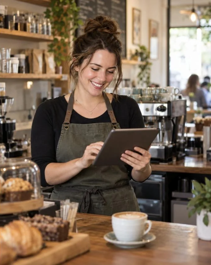 A person in an apron using a tablet behind a café counter