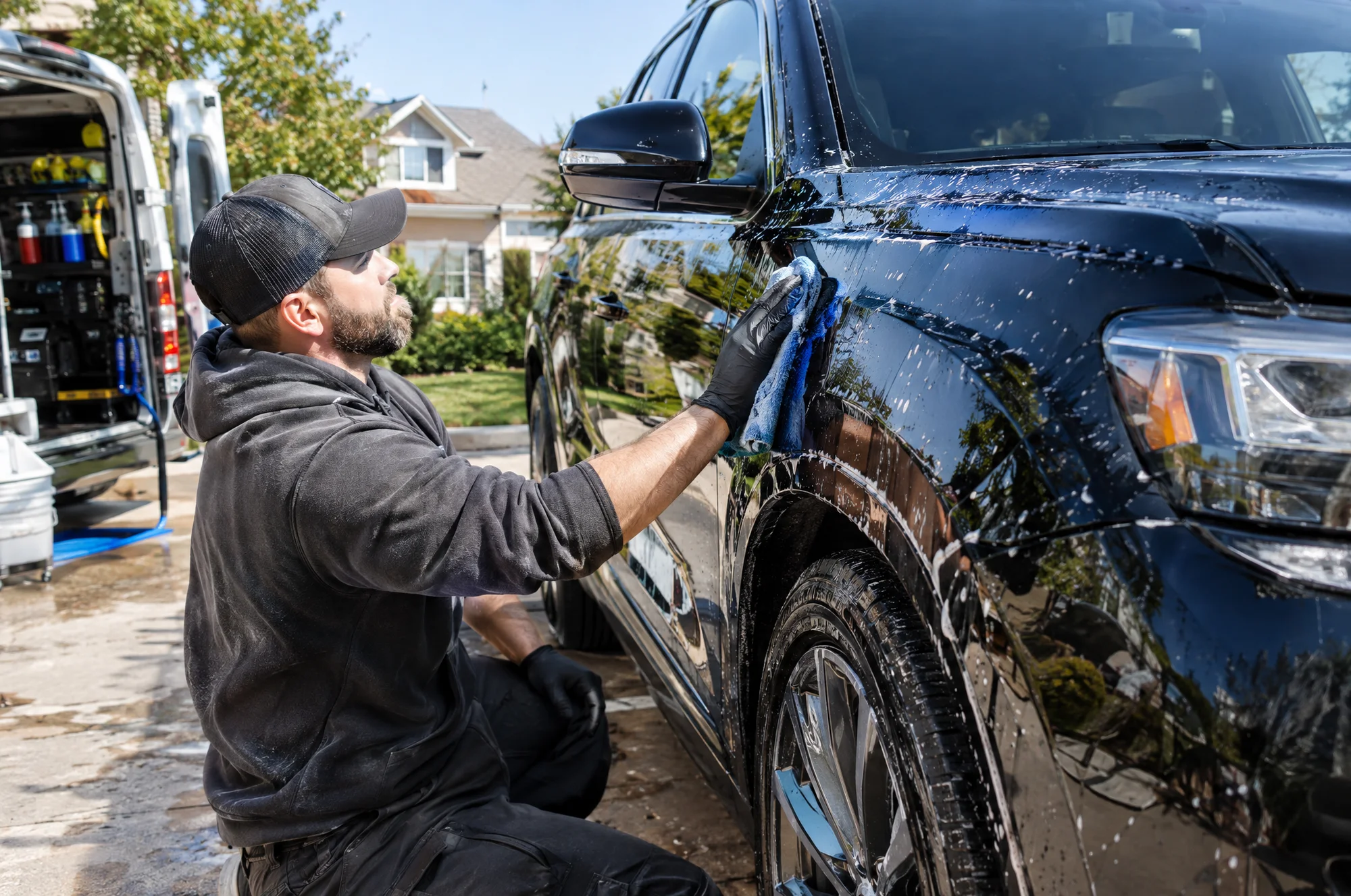 A detailer cleaning a black SUV with a blue cloth