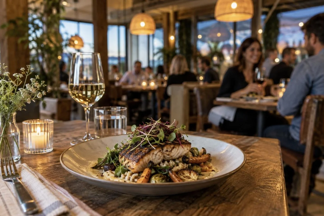 A plated meal on a restaurant table with diners in the background