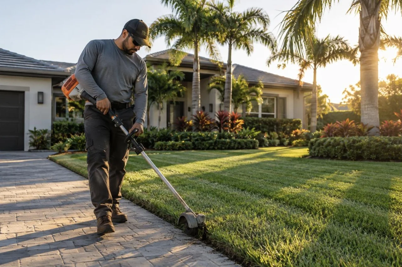A lawn care worker edging grass beside a driveway
