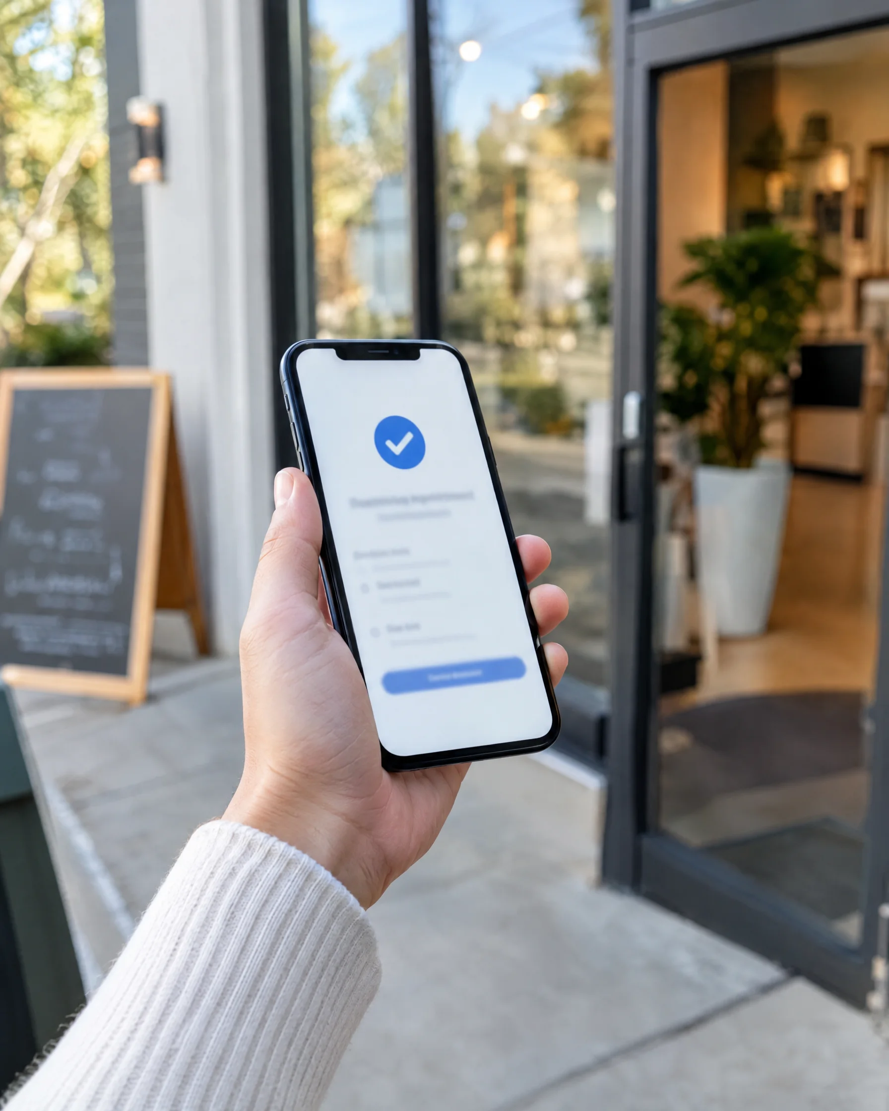 A hand holding a phone with a blue confirmation checkmark outside a storefront