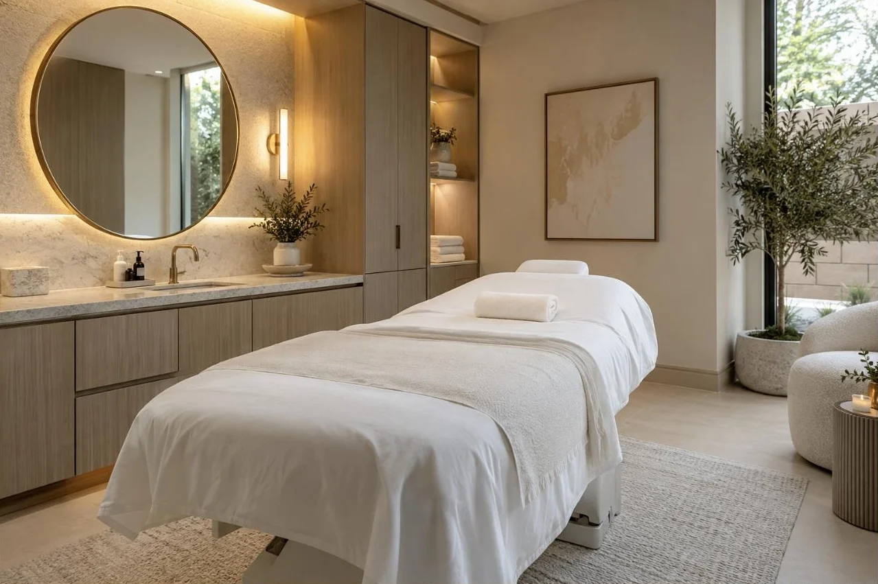 A med spa treatment room with a treatment bed and sink