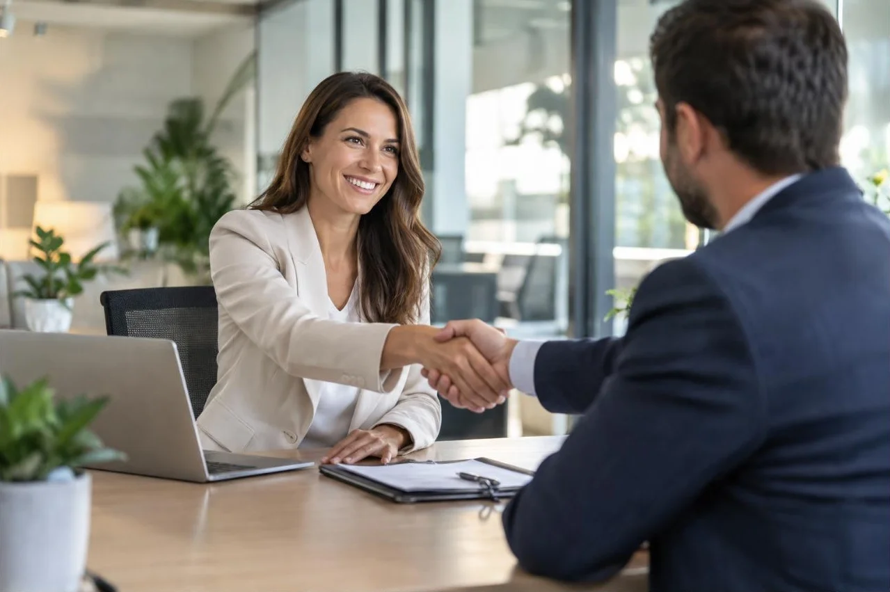 Two people shaking hands across an office desk