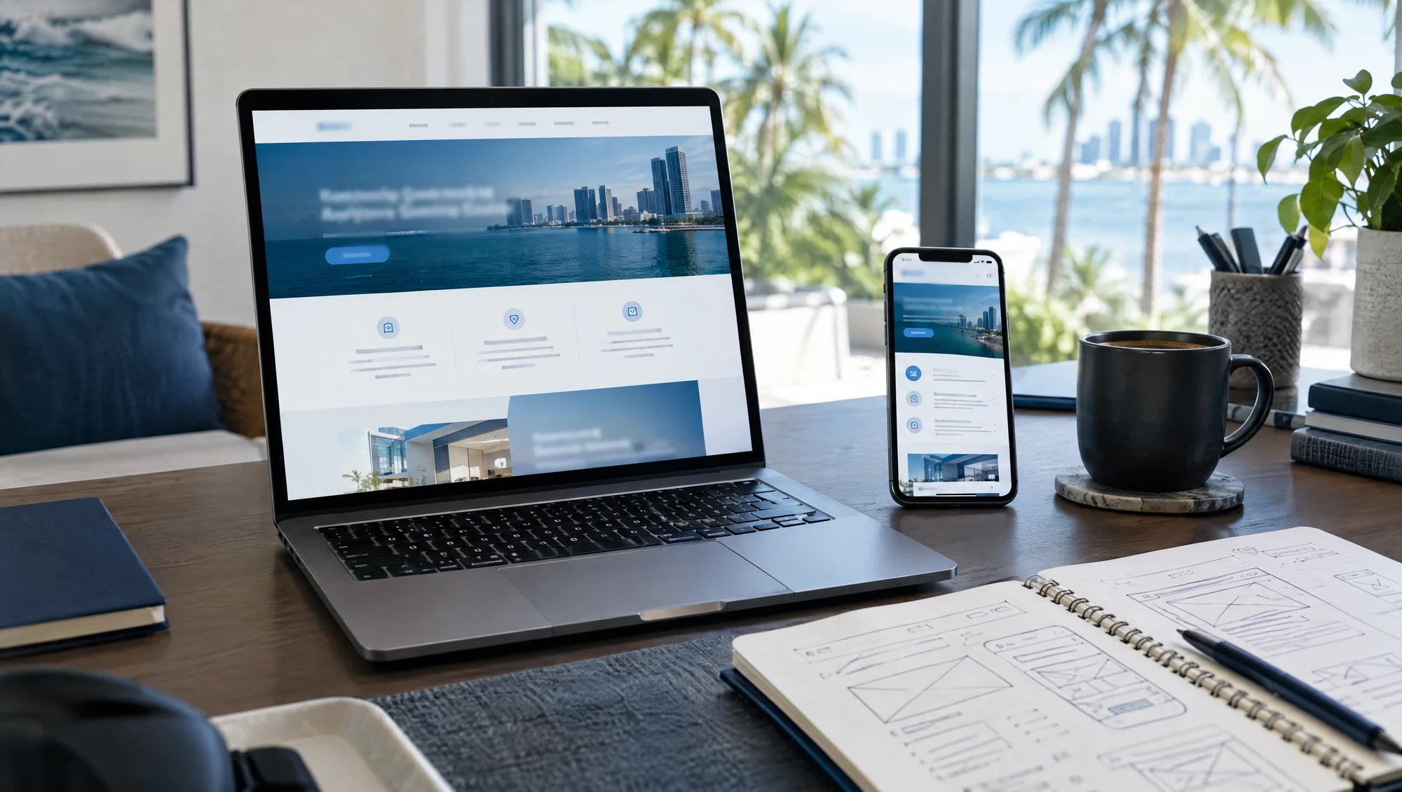 Una computadora y un celular con vistas de sitios web junto a un cuaderno de bocetos