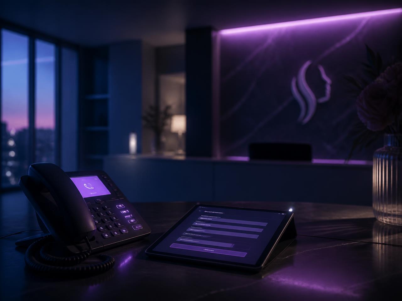An unanswered phone glowing beside a new inquiry form at an empty front desk