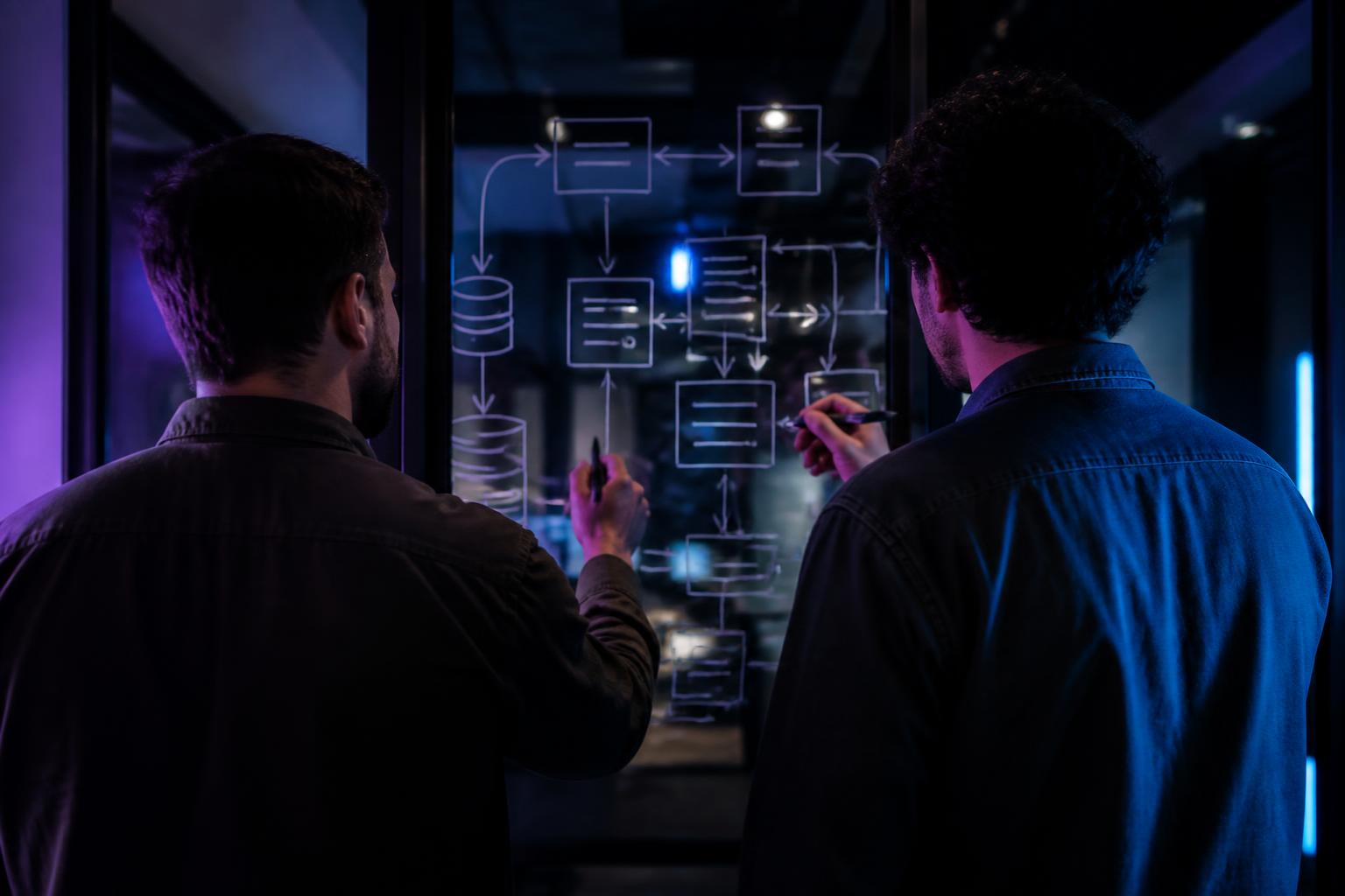 Engineers mapping a custom system architecture